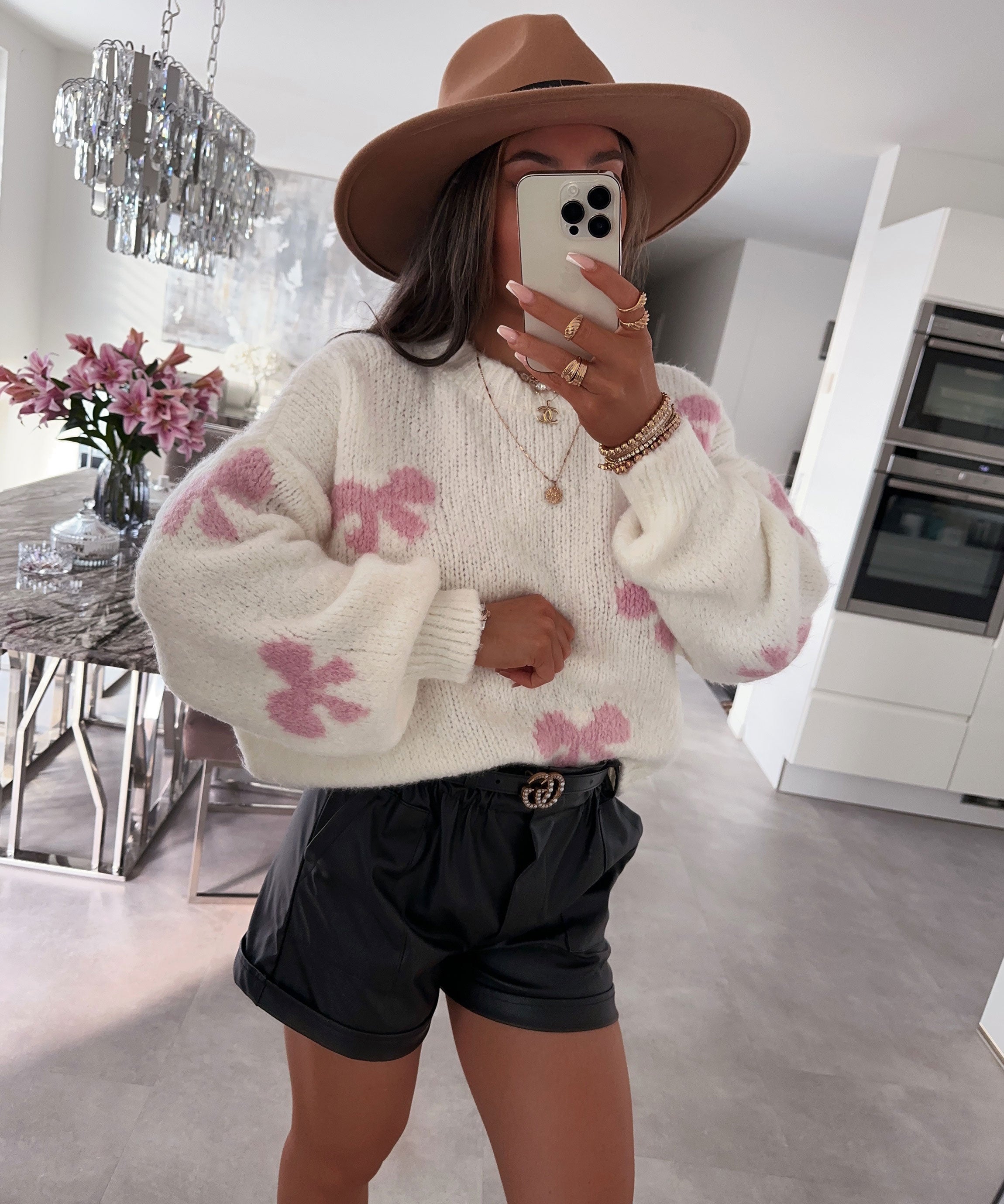 Women's White Sweater with Pink Bow Accents