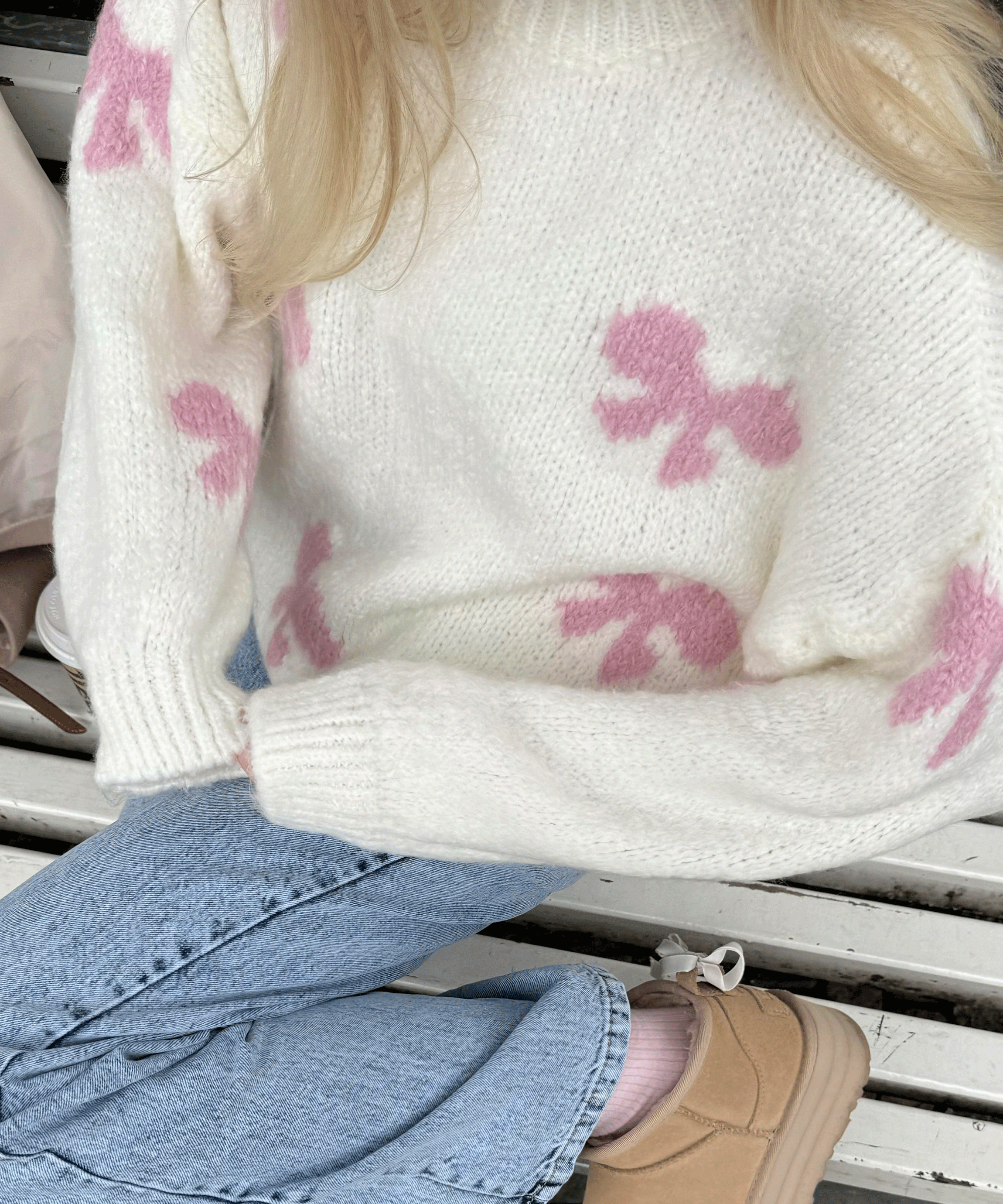 Women's White Sweater with Pink Bow Accents