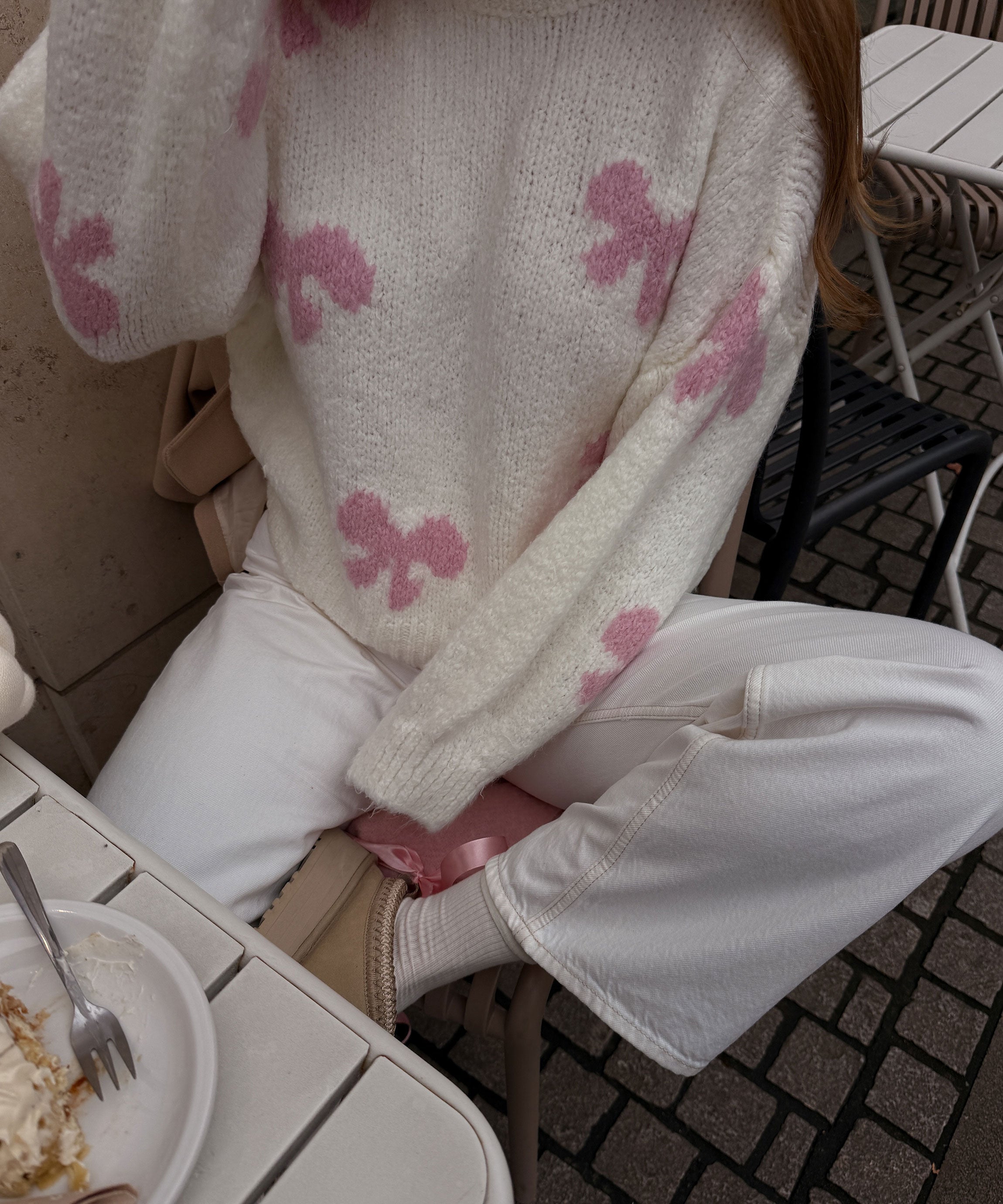 Women's White Sweater with Pink Bow Accents