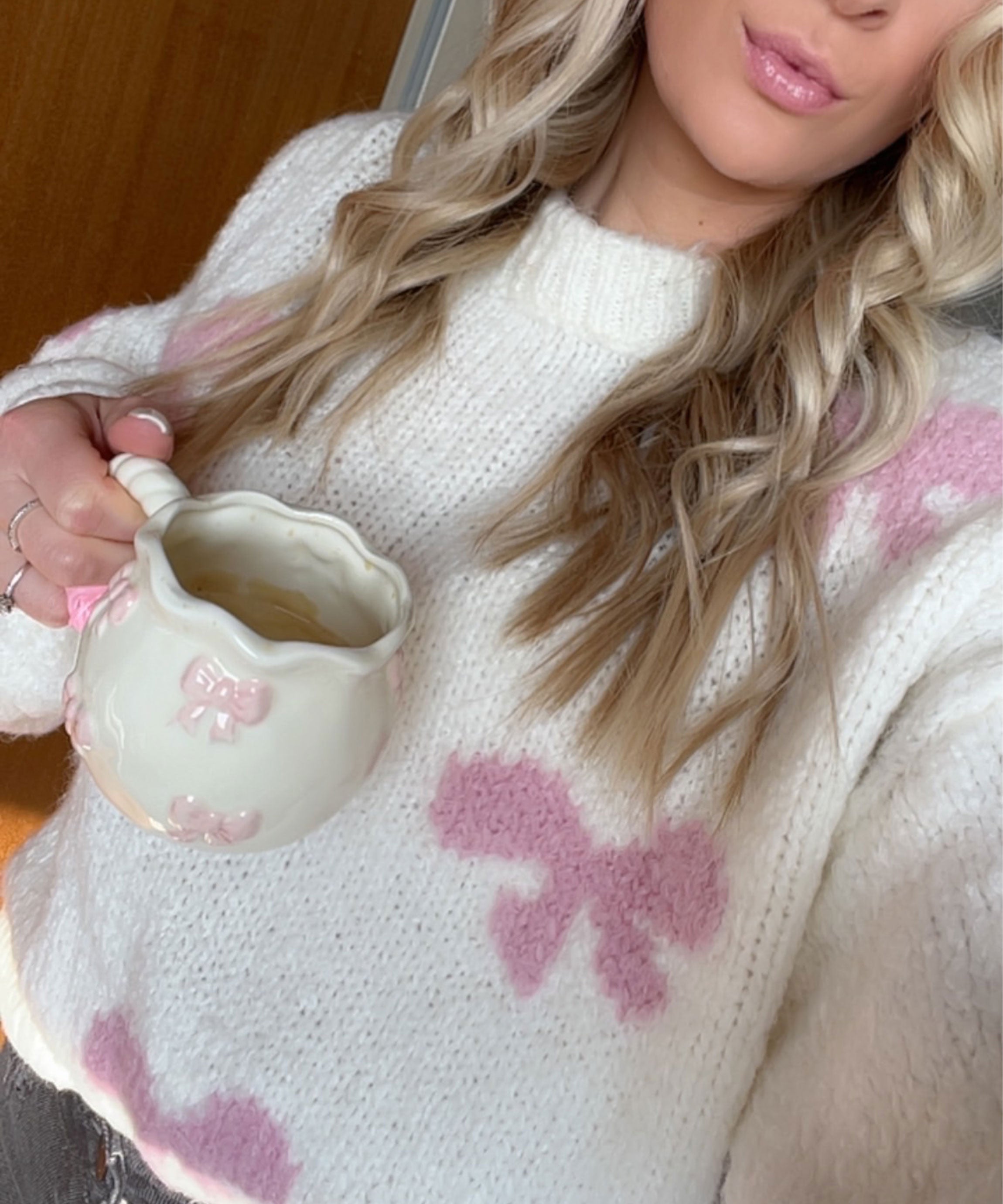 Women's White Sweater with Pink Bow Accents