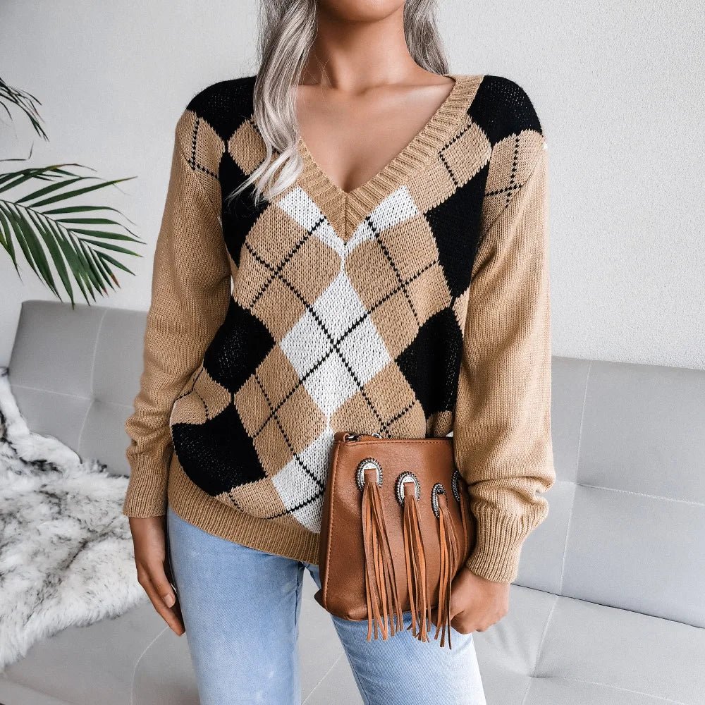 Women’s Argyle Jumper with V-Neck and Long Sleeves