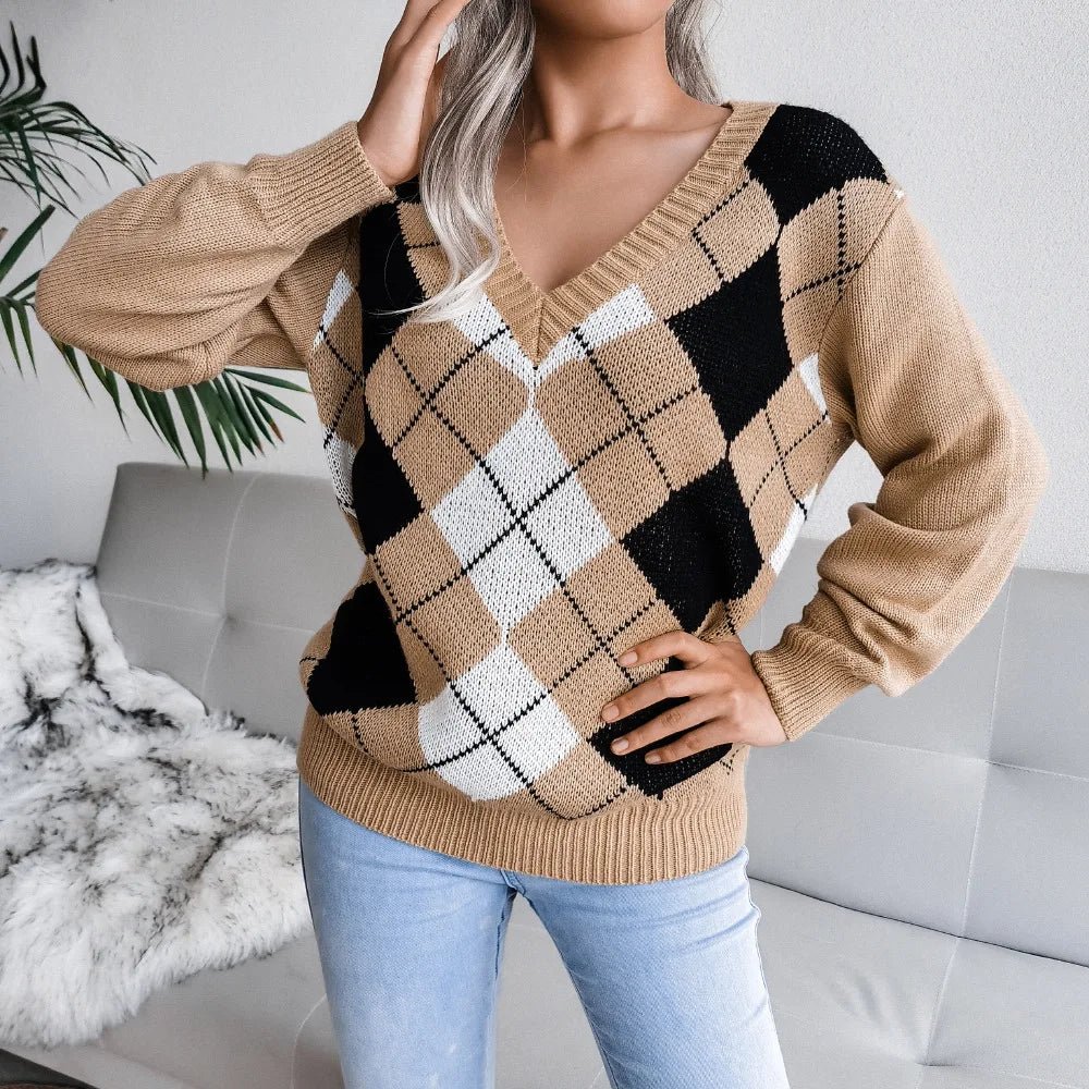 Women’s Argyle Jumper with V-Neck and Long Sleeves