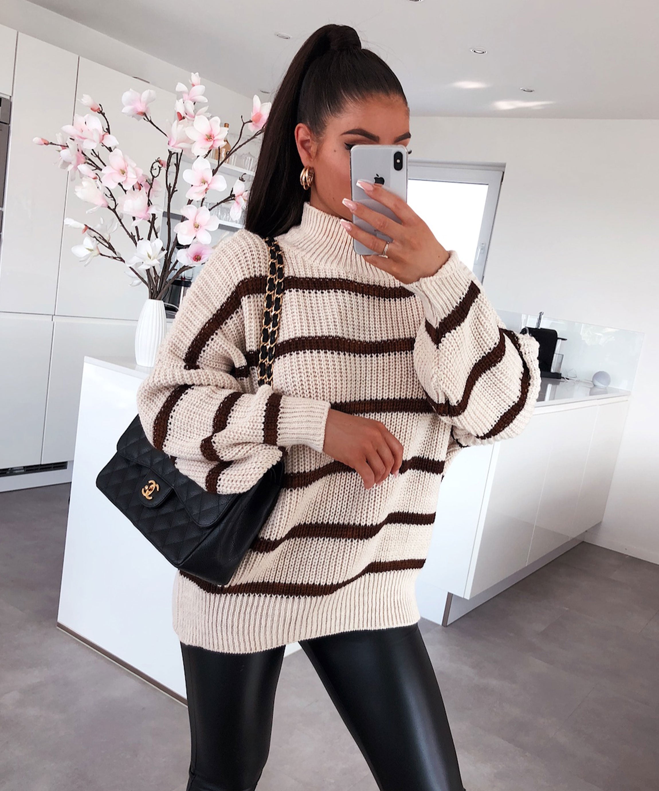 Women’s Beige Striped Knit Sweater with V-Neck