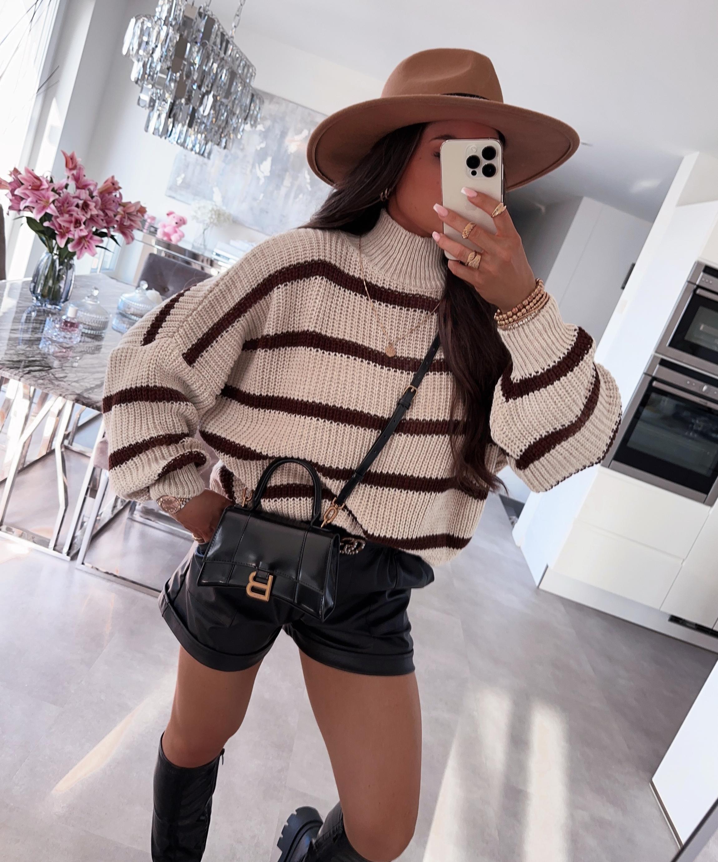 Women’s Beige Striped Knit Sweater with V-Neck