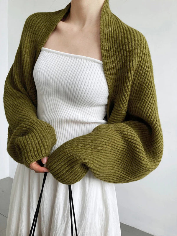 Women’s Cardigan With Cropped Ribbed Knit And Oversized Sleeves