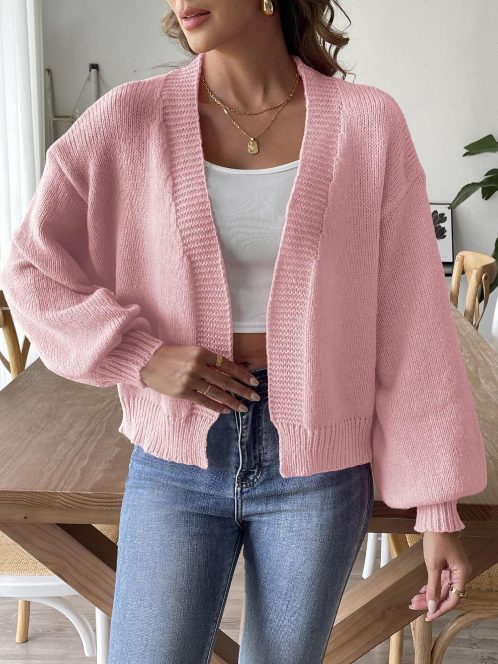 Women’s Cardigan With Lantern Sleeves And Cropped Open Front