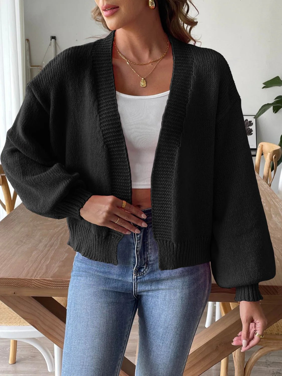 Women’s Cardigan With Lantern Sleeves And Cropped Open Front