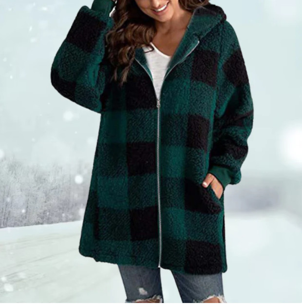 Women’s Checked Hooded Jacket with Tassel Accents