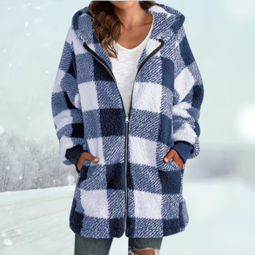 Women’s Checked Hooded Jacket with Tassel Accents