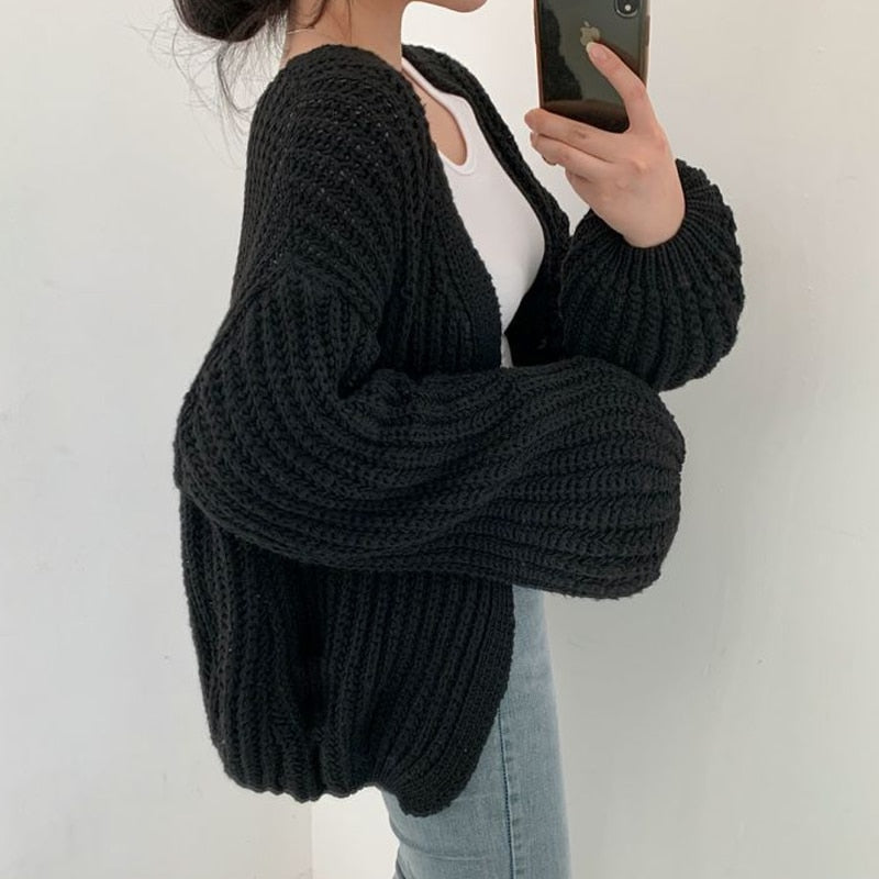 Women’s Chunky Knit Cardigan With Balloon Sleeves Open Front