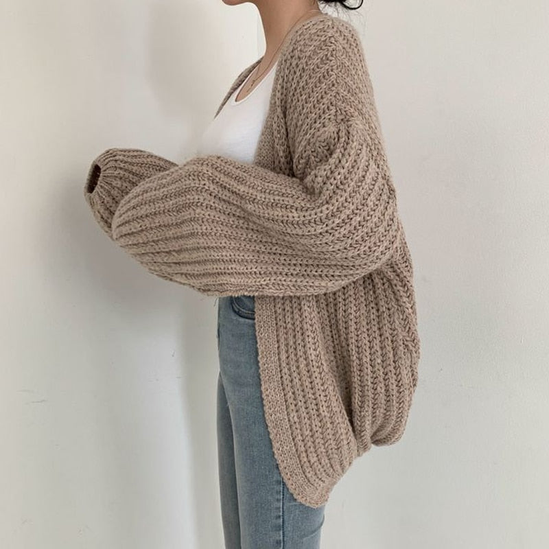 Women’s Chunky Knit Cardigan With Balloon Sleeves Open Front
