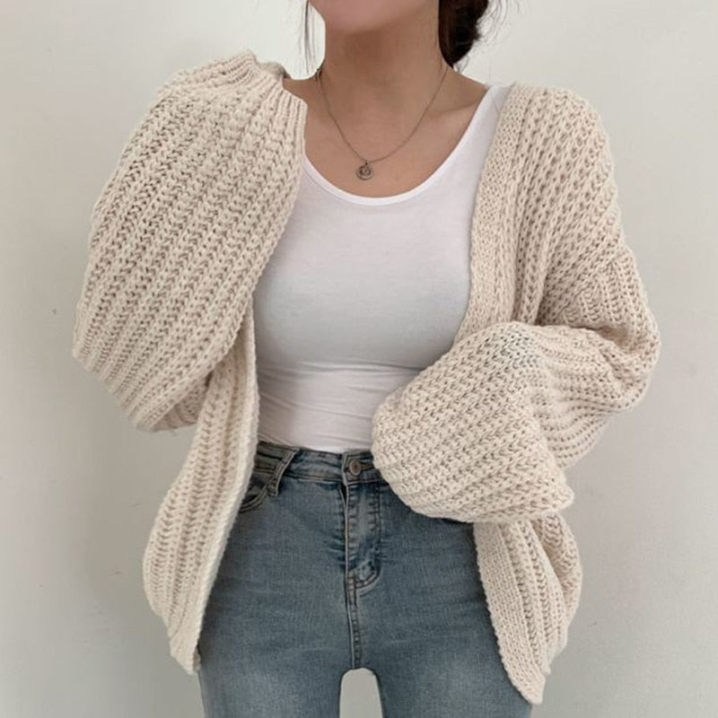 Women’s Chunky Knit Cardigan With Balloon Sleeves Open Front
