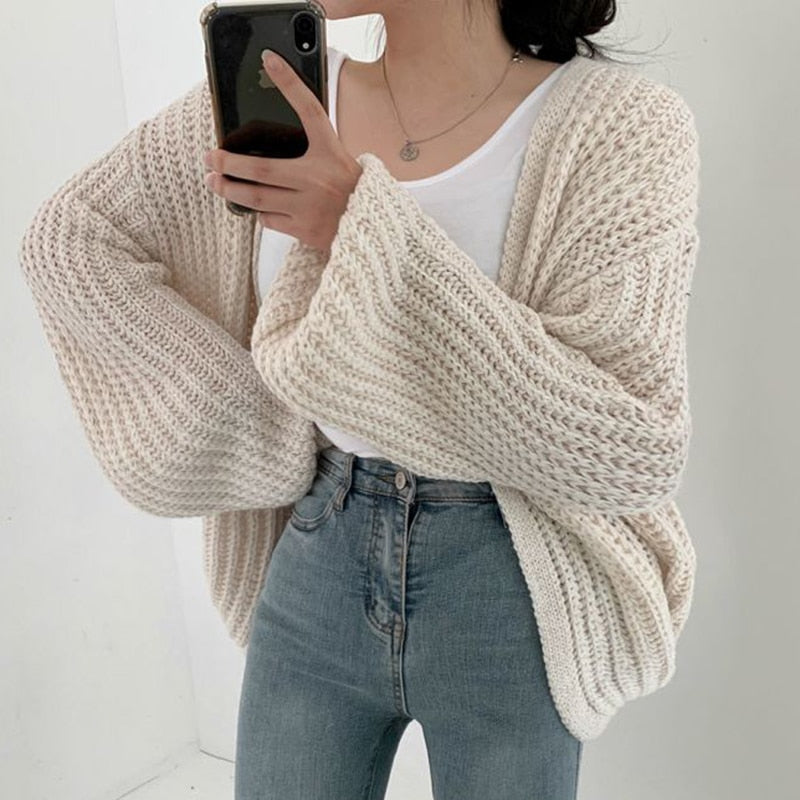 Women’s Chunky Knit Cardigan With Balloon Sleeves Open Front