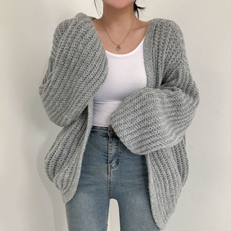 Women’s Chunky Knit Cardigan With Balloon Sleeves Open Front