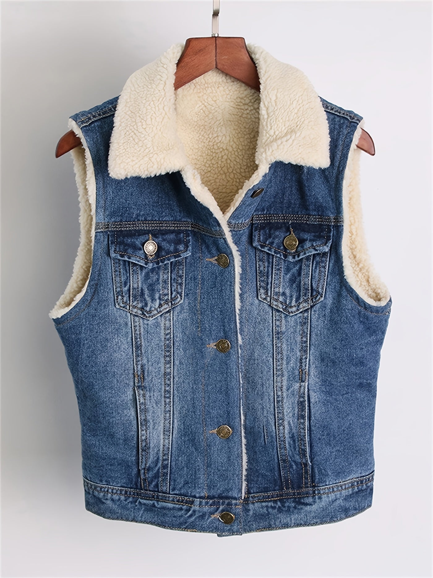 Women’s Denim Fleece-Lined Vest with Button Front