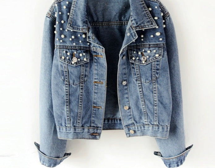 Women’s Denim Jacket with Pearl Embellishments
