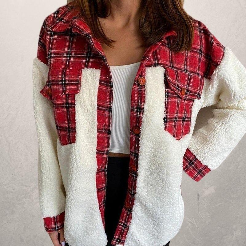 Women’s Fine Cotton Plaid Jacket with Sherpa Panels