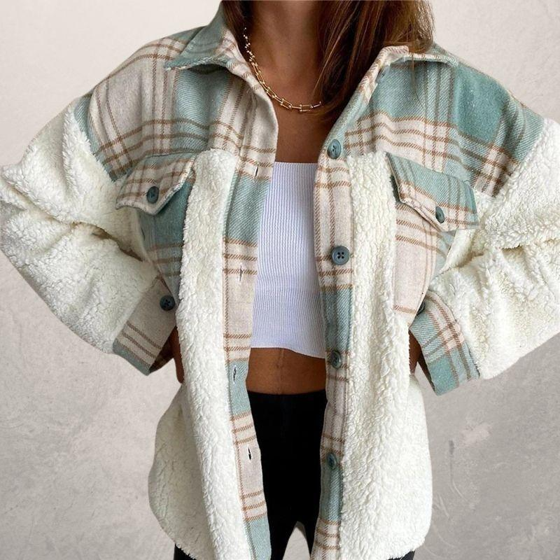 Women’s Fine Cotton Plaid Jacket with Sherpa Panels