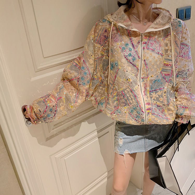 Women’s Hooded Jacket with Sequins and Batwing Sleeves