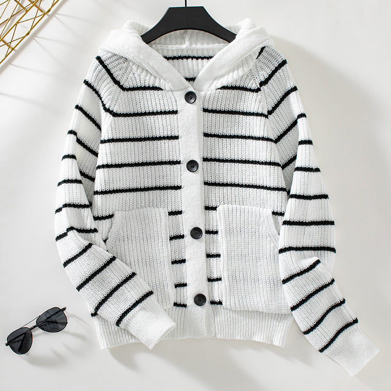 Women’s Hooded Striped Knit Cardigan with Button Front