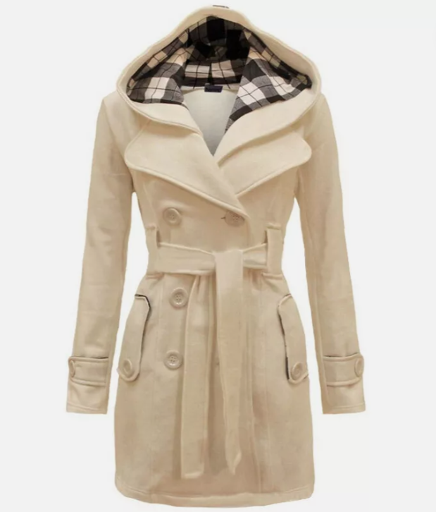 Women’s Hooded Trench Coat with Front Buttons