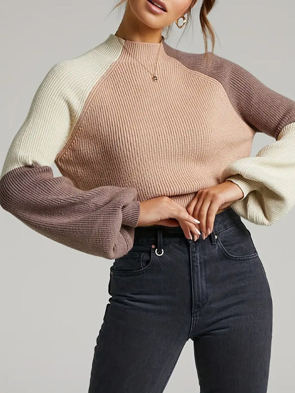 Women’s Jumper With Ribbed Knit And Mock Neck Cropped Length