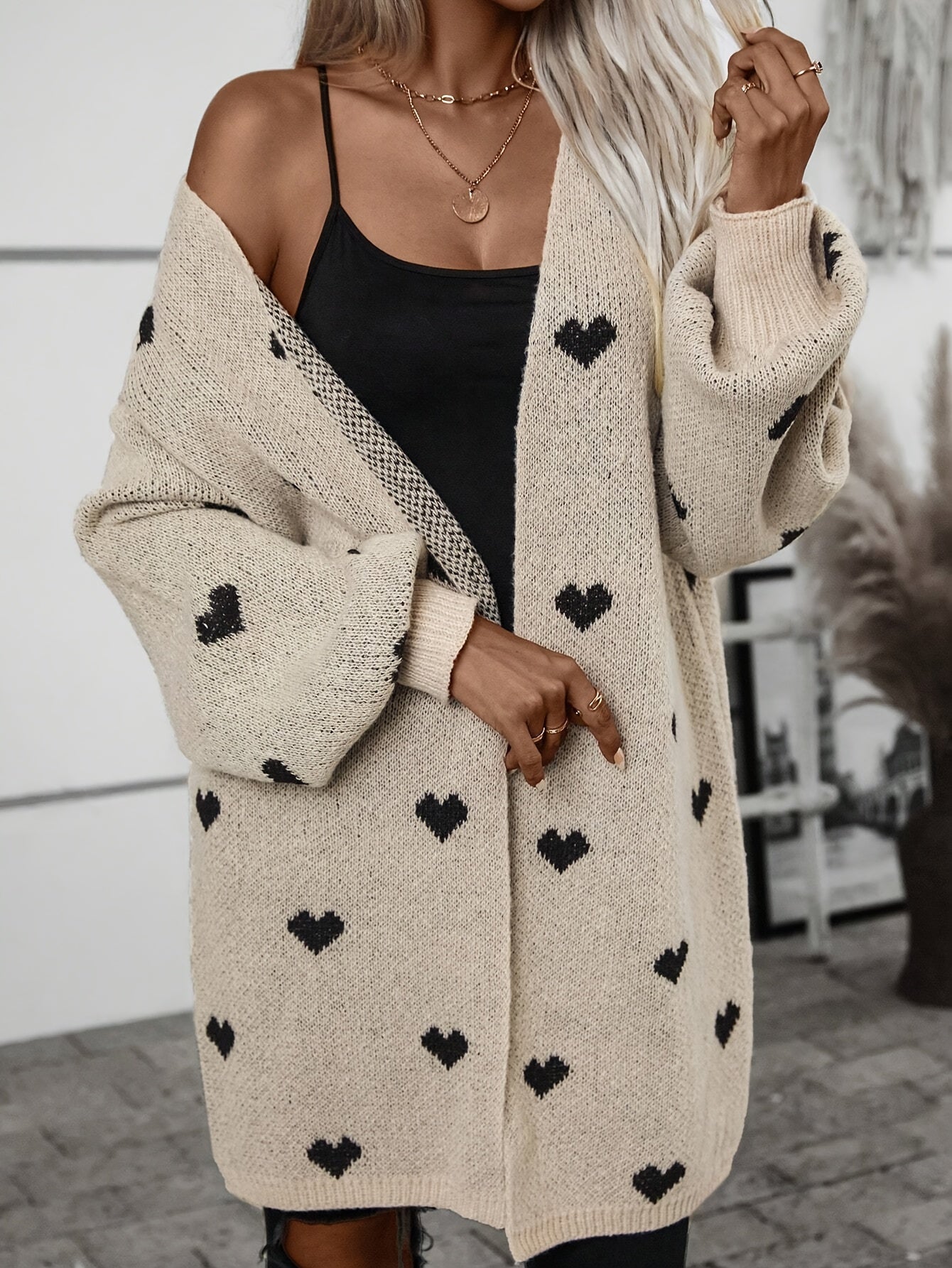 Women’s Knitted Cardigan with Heart Pattern and Open Front