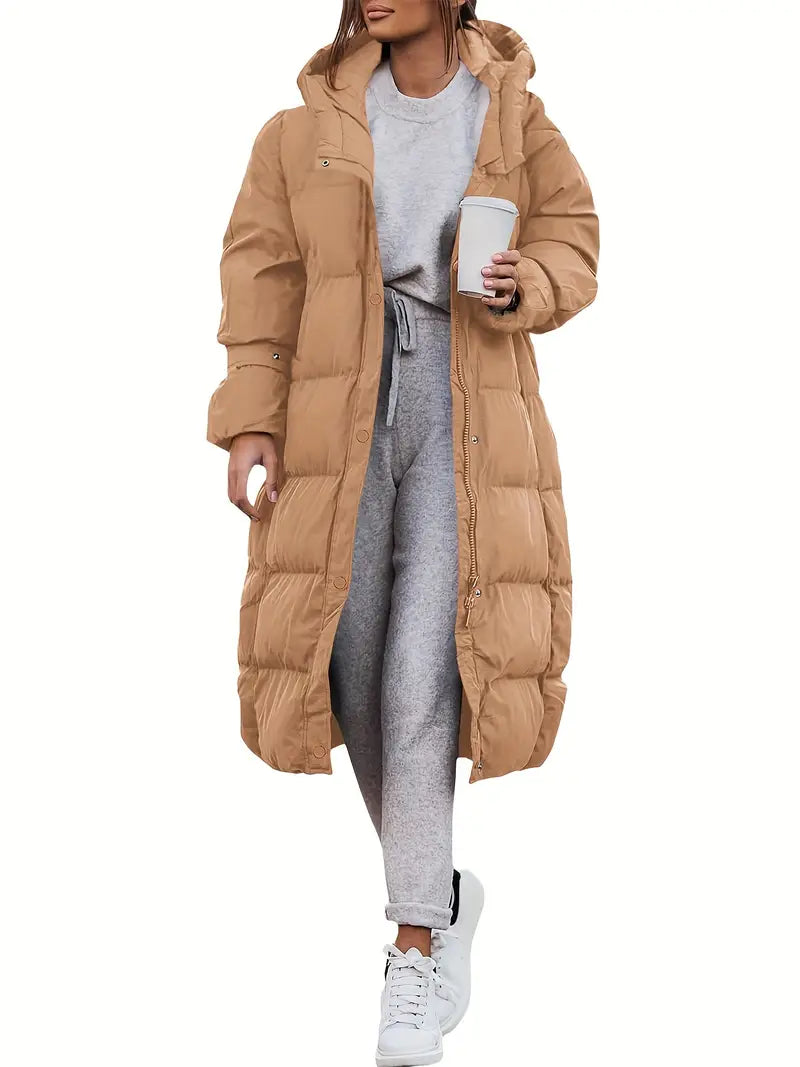 Women’s Long Coat with Hood and Quilted Design
