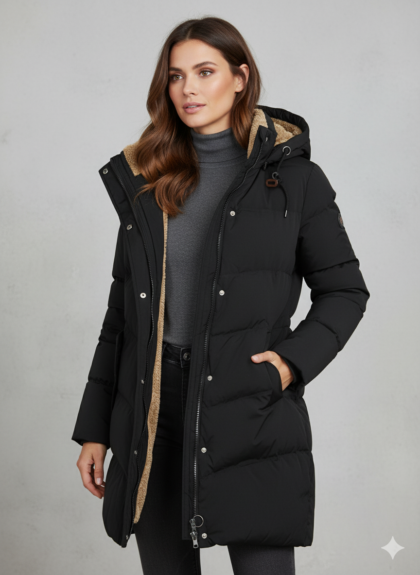 Women’s Long Hooded Quilted Coat with Fleece Lining