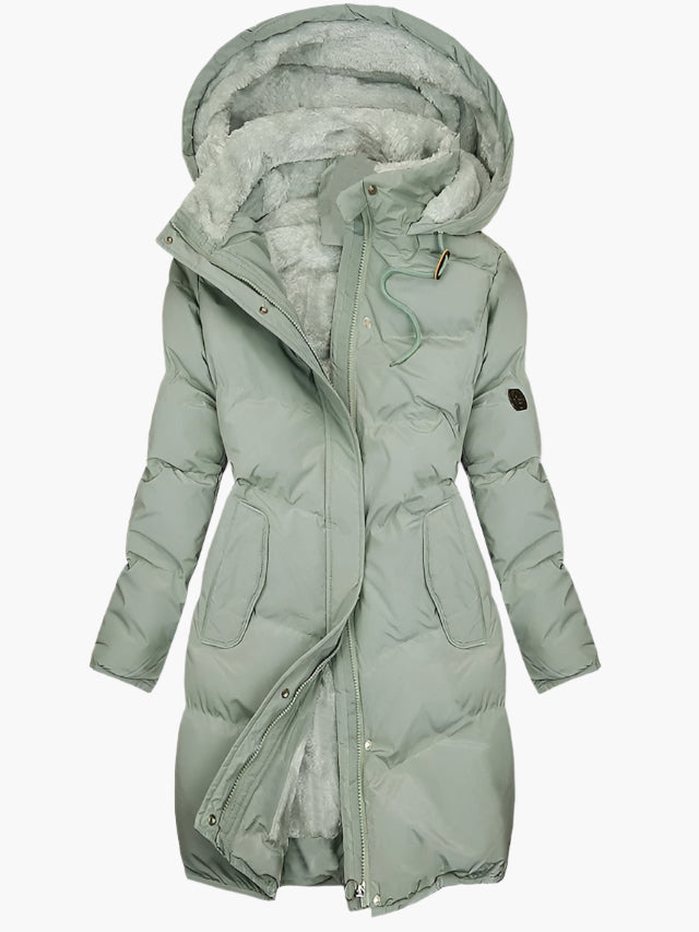 Women’s Long Hooded Quilted Coat with Fleece Lining