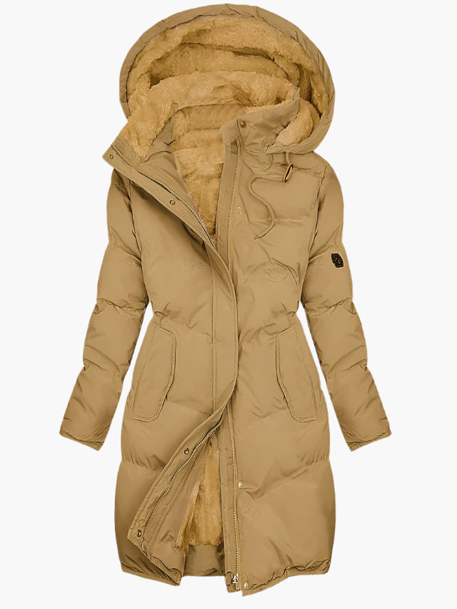 Women’s Long Hooded Quilted Coat with Fleece Lining