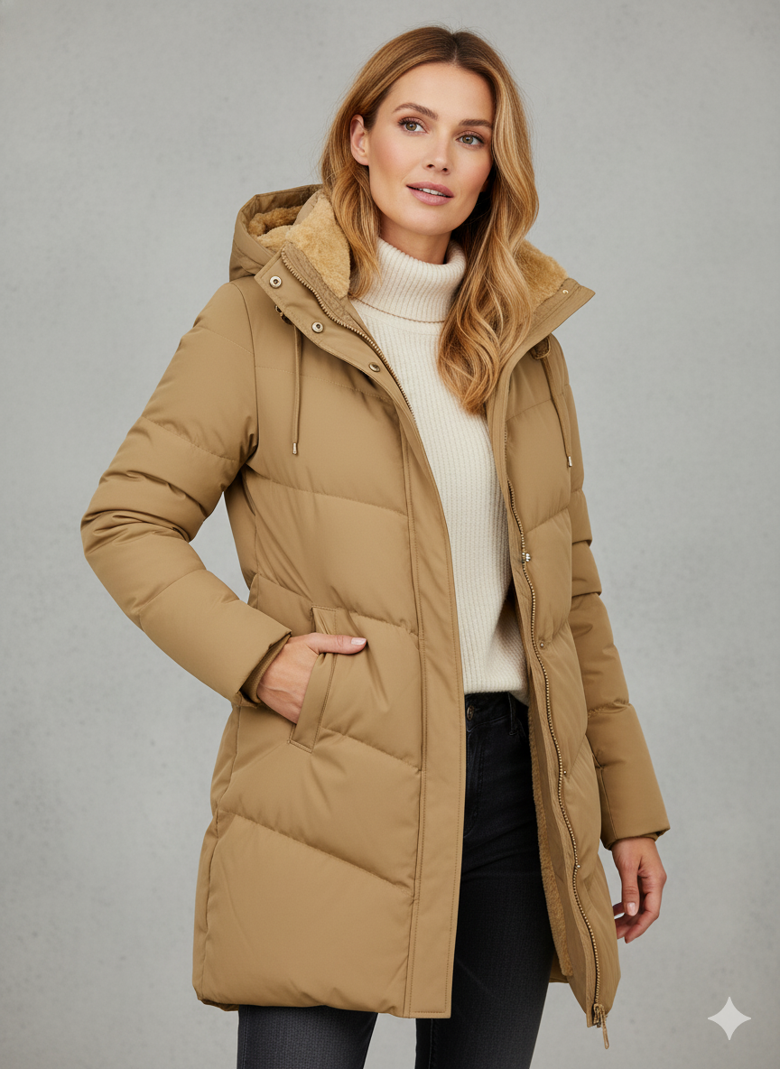 Women’s Long Hooded Quilted Coat with Fleece Lining