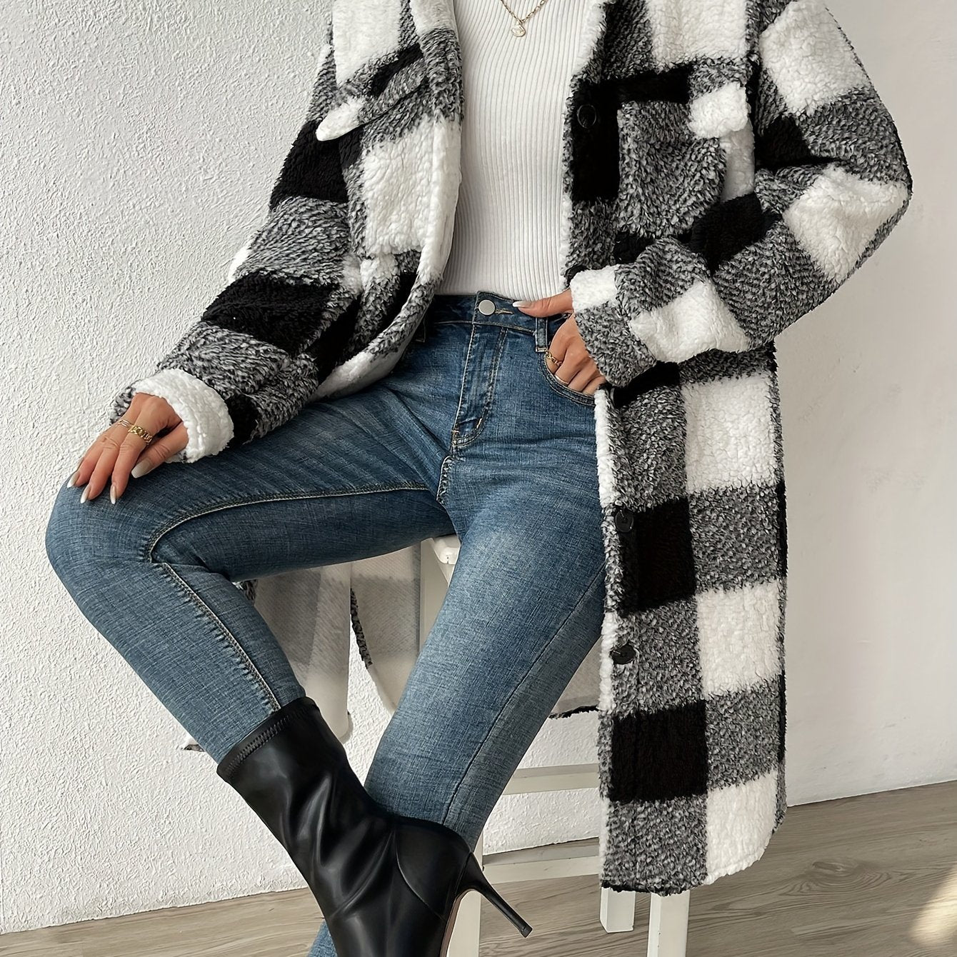Women’s Long Plaid Coat with Button Front