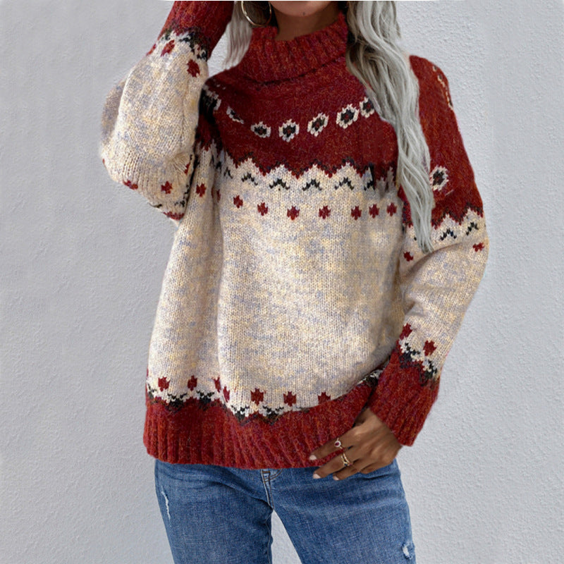 Women’s Nordic Pattern Jumper with High Neck and Long Sleeves