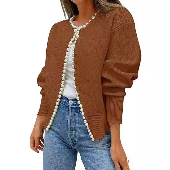 Women’s Open Front Knit Cardigan with Pearl Trim and Distressed Hem