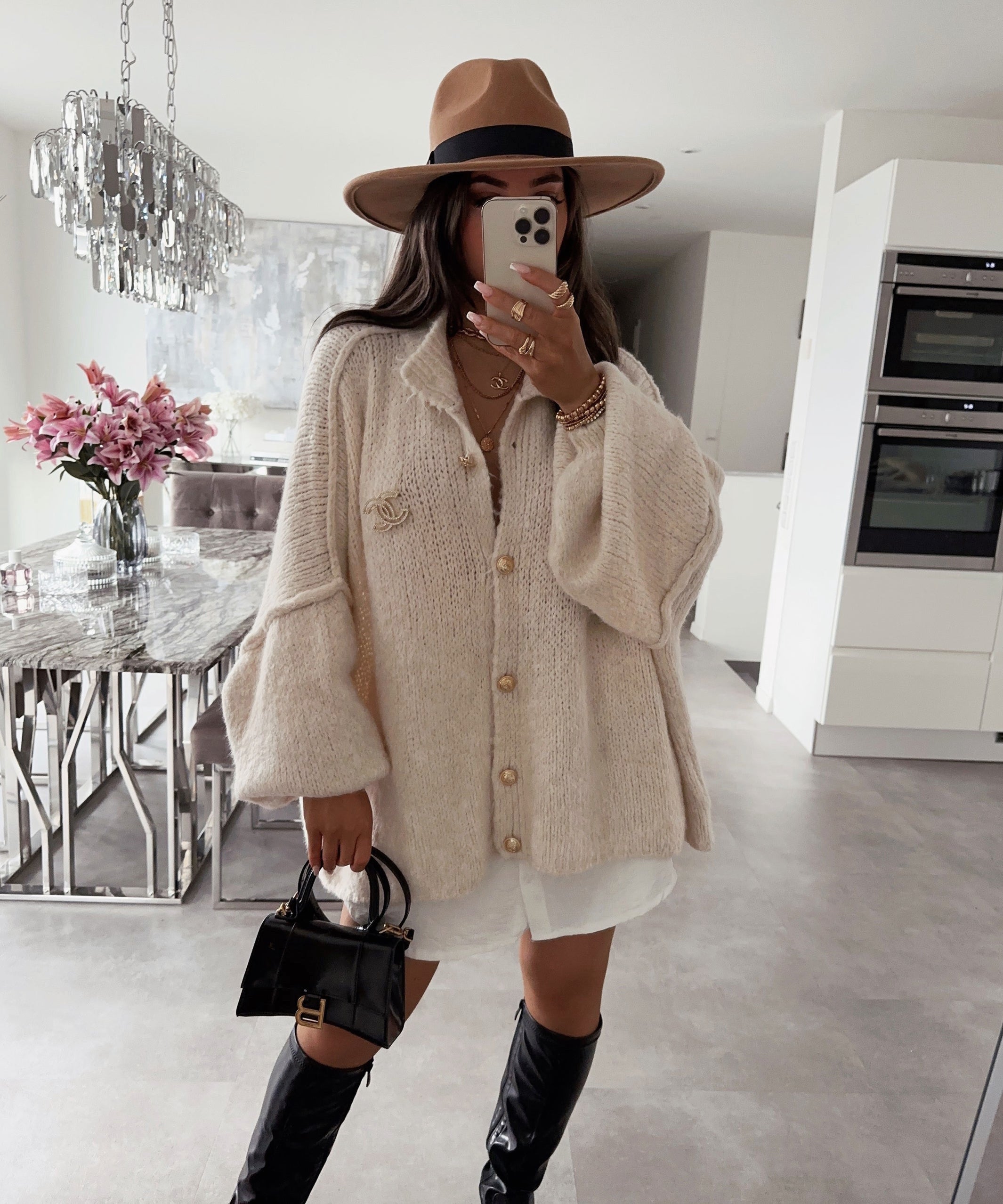 Women’s Oversized Beige Cardigan with Wrist Detail