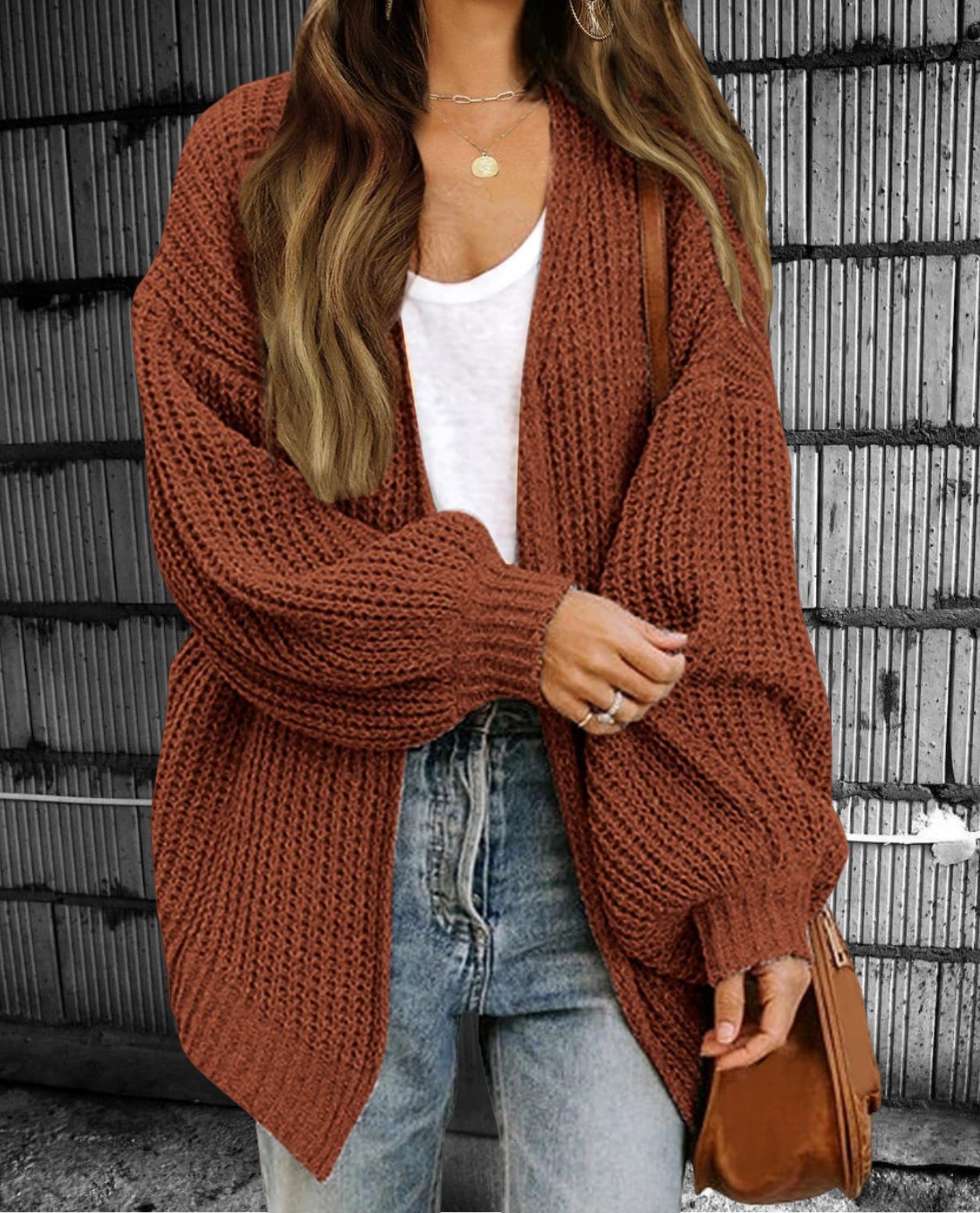 Women’s Oversized Chunky Knit Cardigan With Open Front And Lantern Sleeves