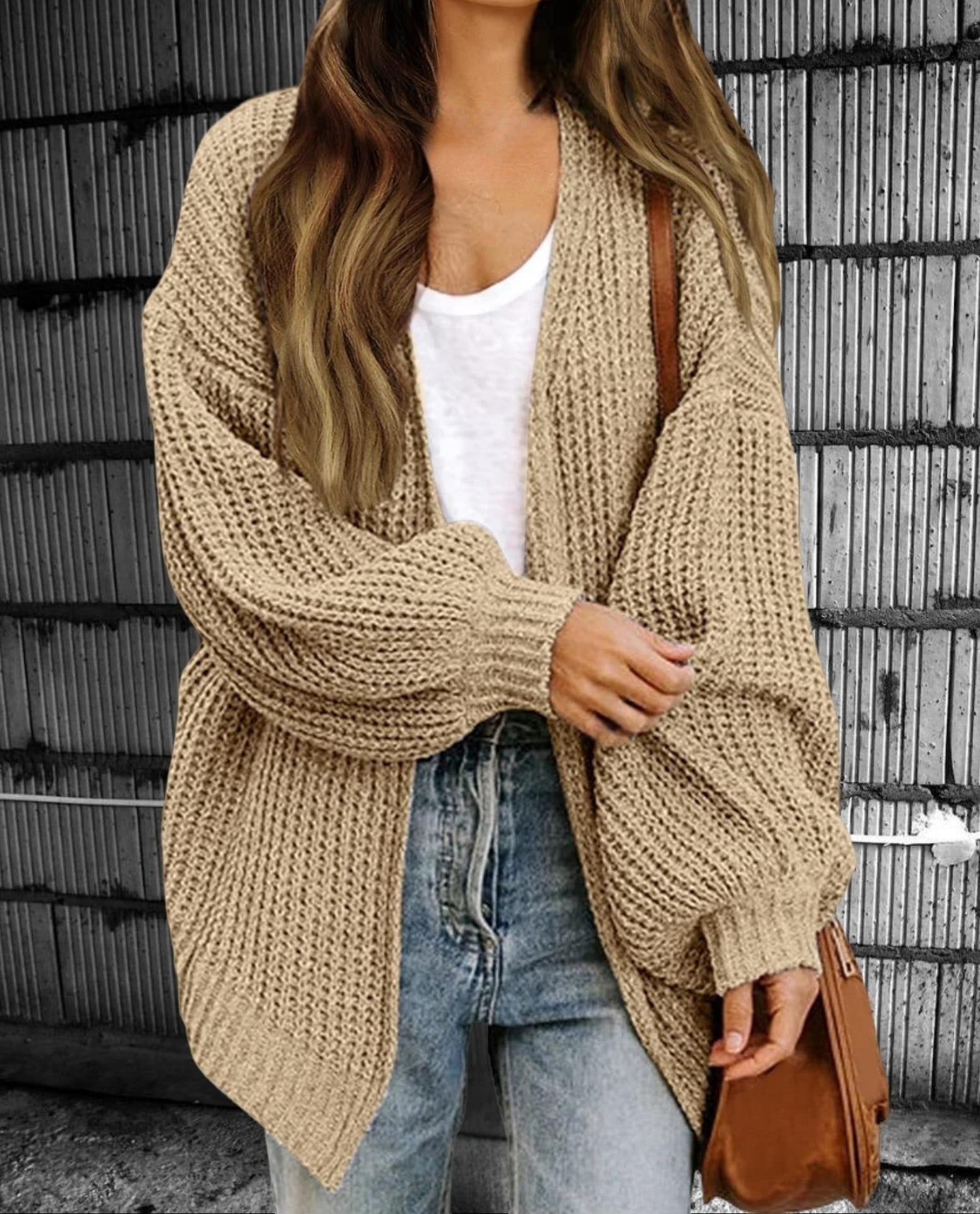 Women’s Oversized Chunky Knit Cardigan With Open Front And Lantern Sleeves