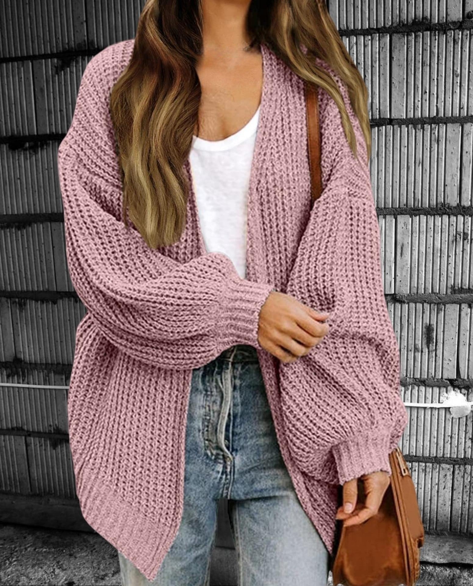 Women’s Oversized Chunky Knit Cardigan With Open Front And Lantern Sleeves