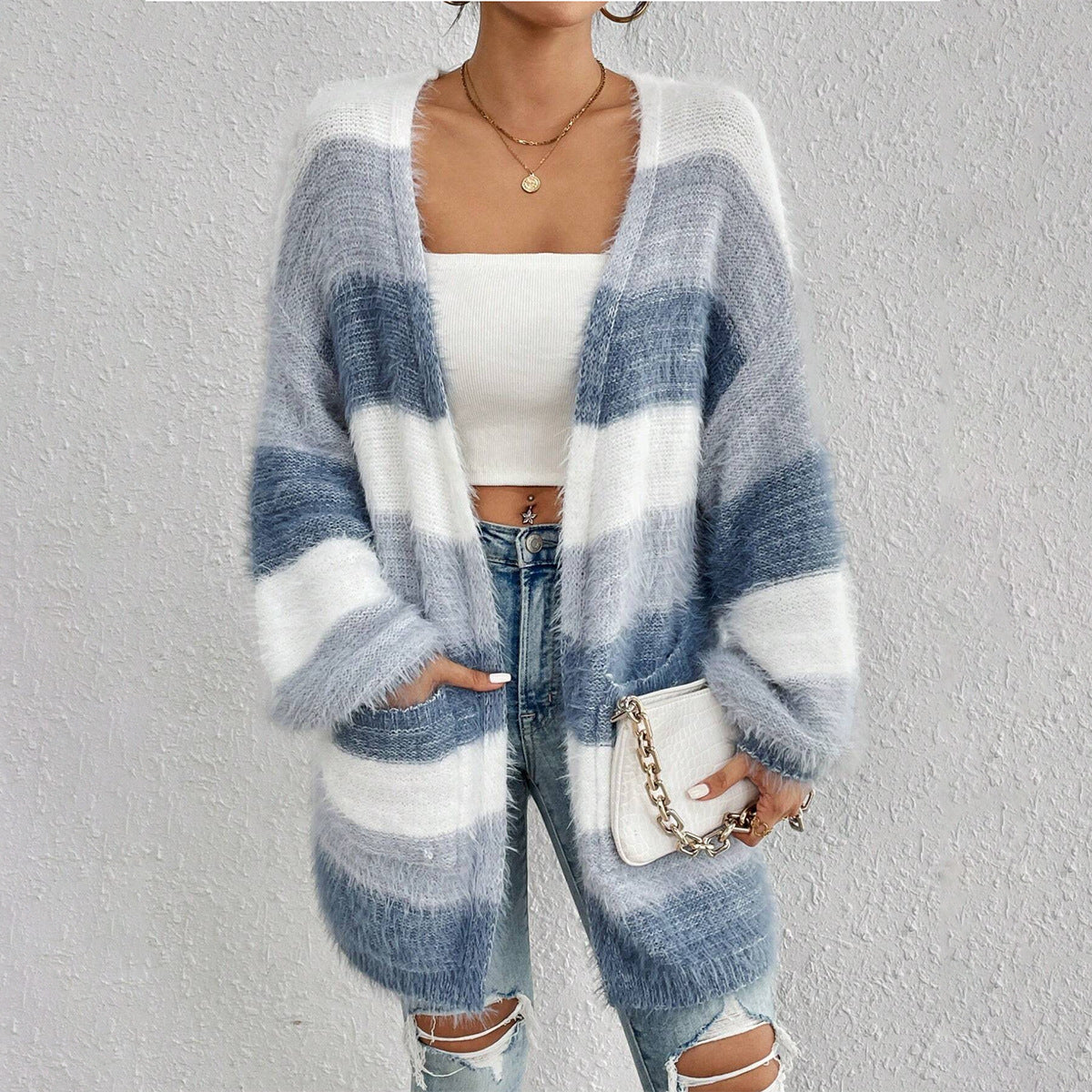 Women’s Oversized Knit Cardigan with Striped Design and Open Front