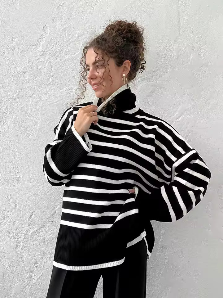 Women’s Oversized Knit Turtleneck Jumper With Horizontal Stripes