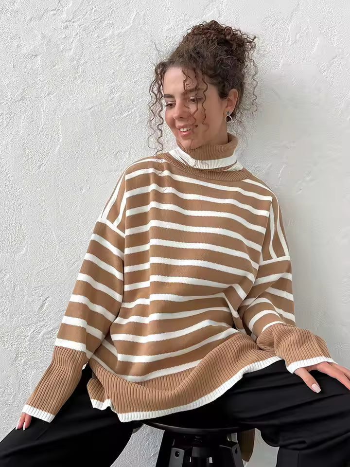 Women’s Oversized Knit Turtleneck Jumper With Horizontal Stripes