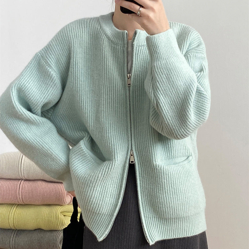 Women’s Oversized Ribbed Knit Cardigan with Dual Zipper and Crew Neck