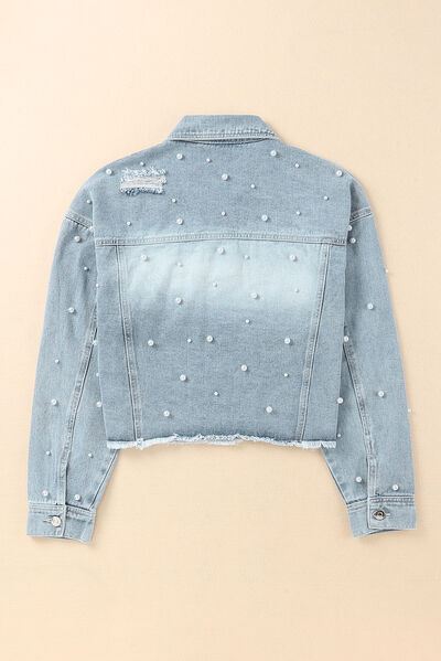 Women’s Pearl-Trim Denim Jacket with Raw Hem