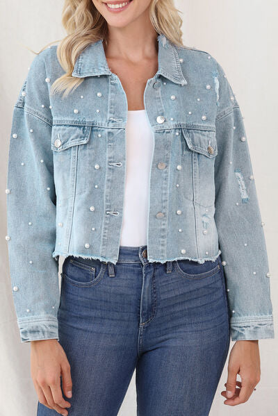 Women’s Pearl-Trim Denim Jacket with Raw Hem