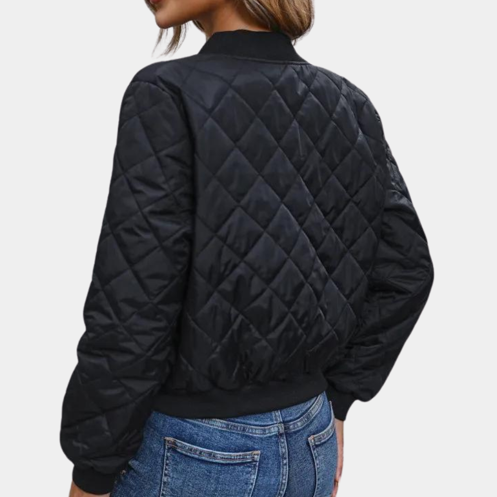 Women's Quilted Bomber Jacket with Zip Front and Ribbed Edges