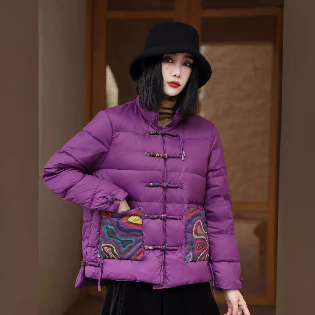 Women’s Quilted Puffer Jacket With High Collar And Patterned Pockets