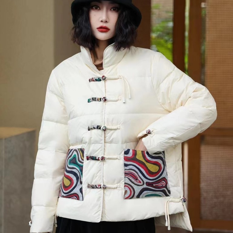 Women’s Quilted Puffer Jacket With High Collar And Patterned Pockets