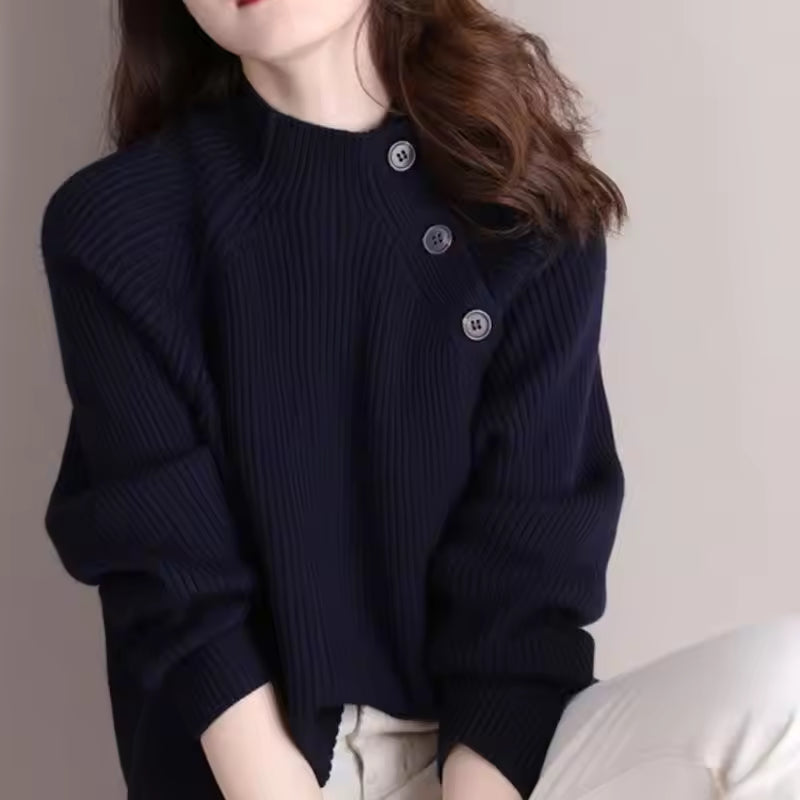 Women’s Rib-Knit Pullover Jumper With Button Detail