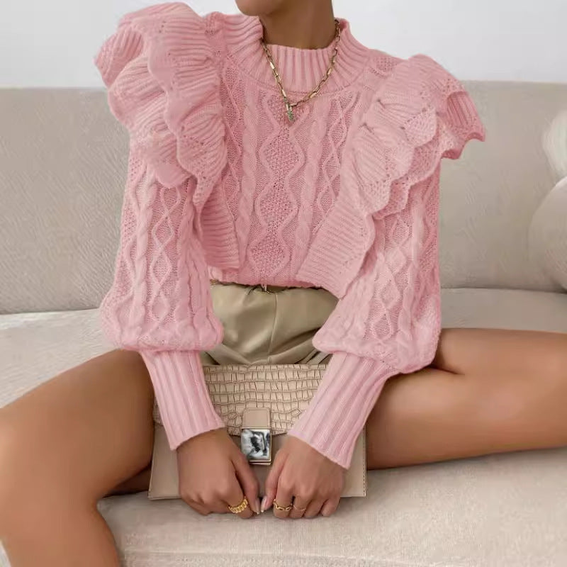 Kylie | Women's Ruffle Cable Knit Long Sleeve Sweater 2